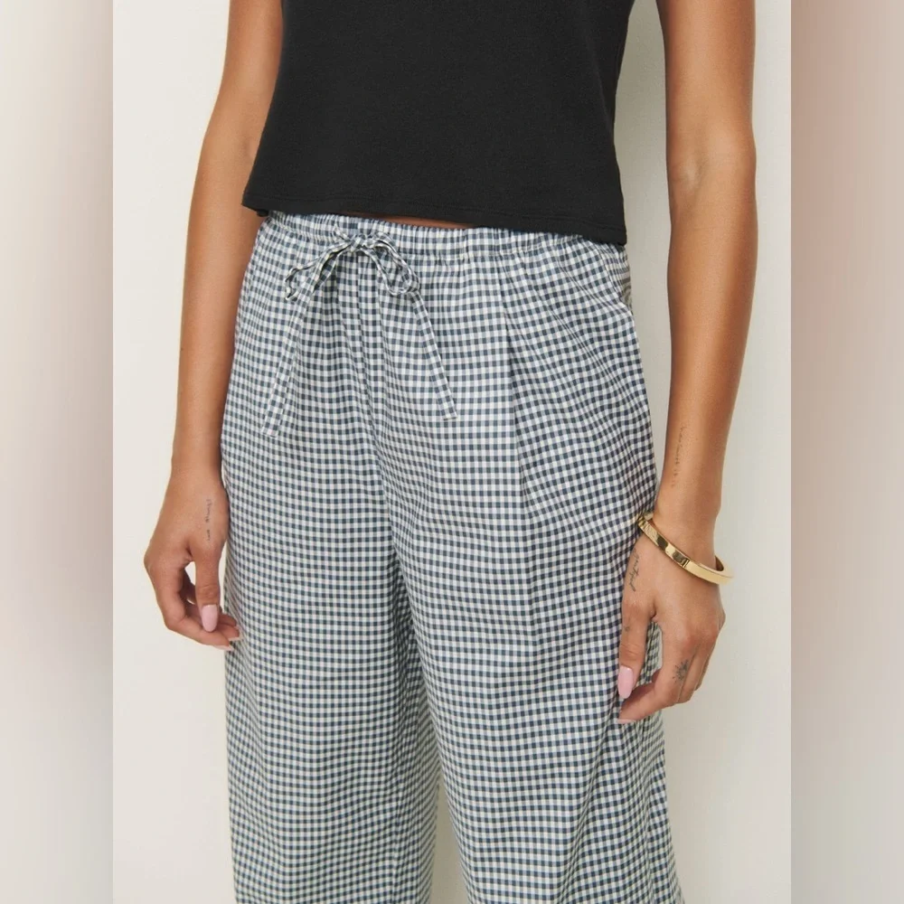 NWT Reformation Micah Cotton Pant in Slate Check Gingham Navy White | size S - Picture 4 of 9